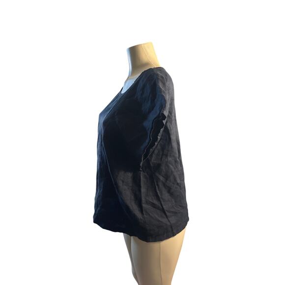 Women L Quince Black Short Sleeved Blouse Shirt Top 100% Linen Flax - Picture 3 of 7